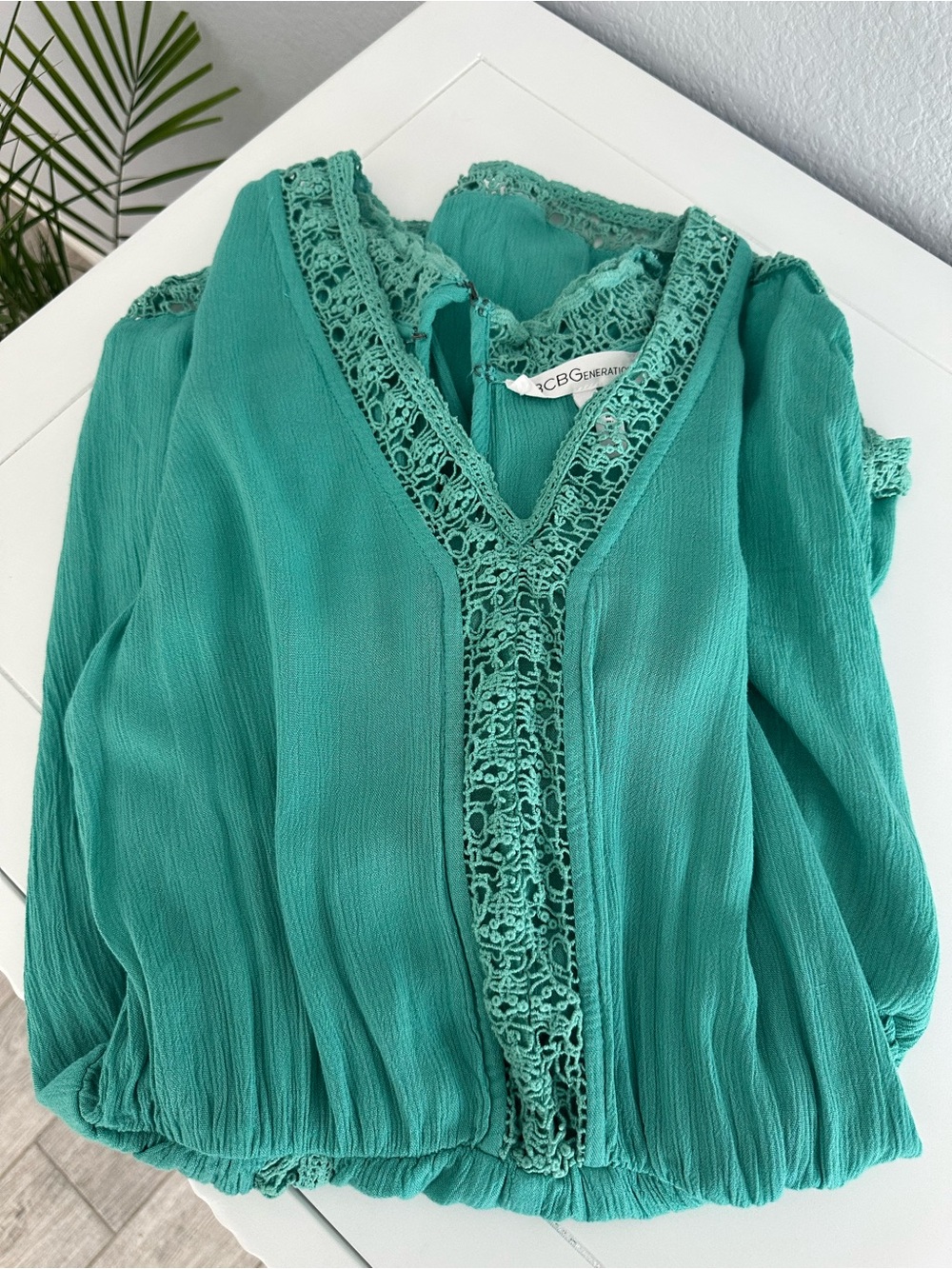 BCBGeneration Teal Lace-Trim V-Neck Romper